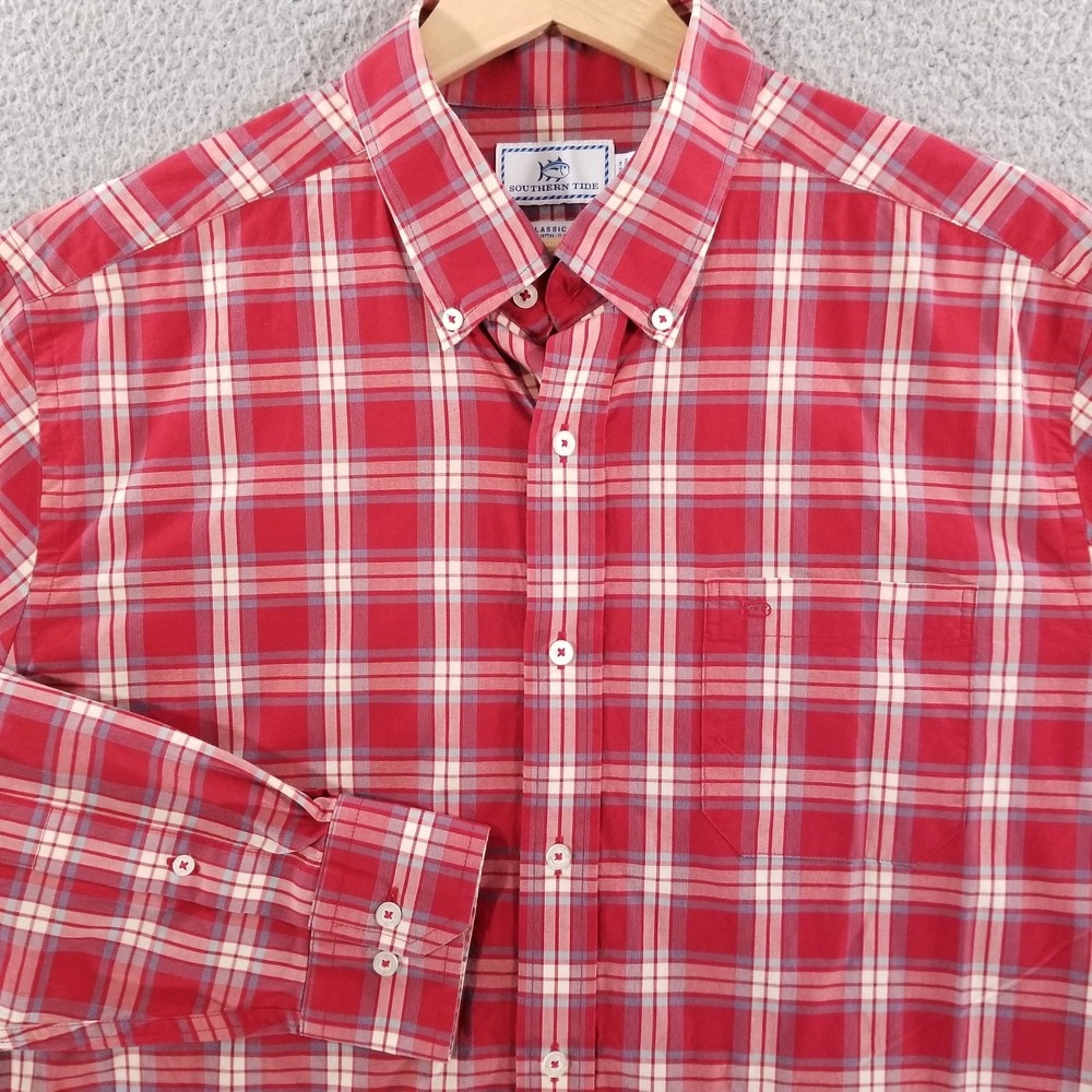 Southern Tide Shirt Mens Large Red Plaid Stretch Sport Classic Fit Button Down